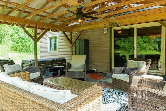 2035 Centerline Rd, Sheldon, NY 14167 - deck with an outdoor living space, a hot tub, a ceiling fan, and a patio area