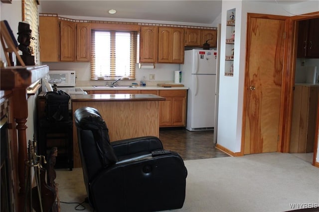5436 Java Lake Rd, Java, NY 14009 - kitchen featuring white appliances, brown cabinets, light countertops, and a peninsula