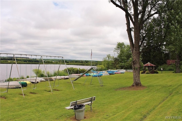 5436 Java Lake Rd, Java, NY 14009 - view of jungle gym featuring a lawn and a water view