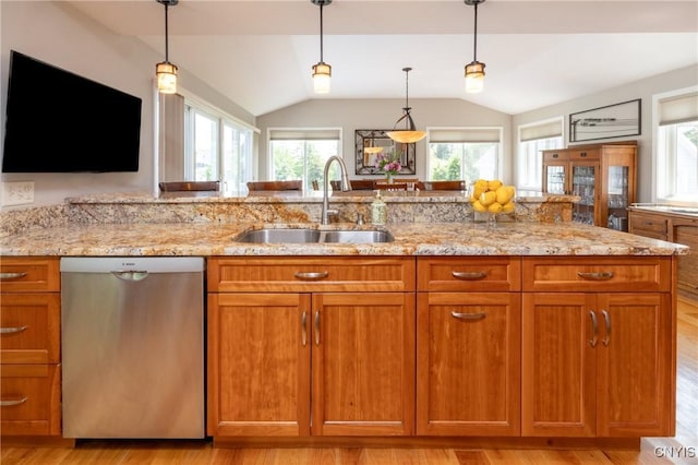 2516 W Lake Rd, Skaneateles, NY 13152 - kitchen featuring dishwasher, lofted ceiling, brown cabinets, and light stone counters