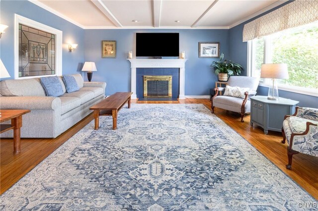2516 W Lake Rd, Skaneateles, NY 13152 - living room featuring a tile fireplace, wood finished floors, and ornamental molding