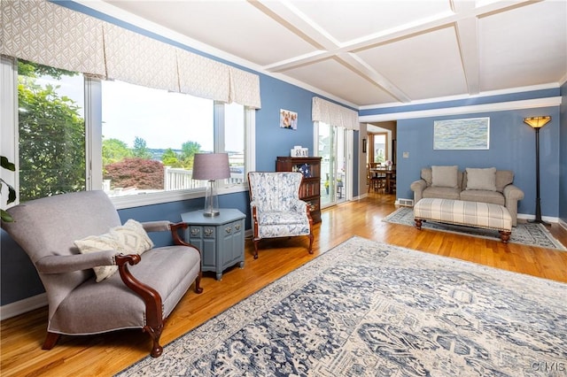 2516 W Lake Rd, Skaneateles, NY 13152 - living room featuring coffered ceiling, plenty of natural light, and wood finished floors