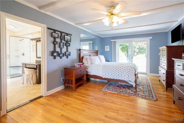 2516 W Lake Rd, Skaneateles, NY 13152 - bedroom featuring light wood-style floors, beam ceiling, access to exterior, and ceiling fan