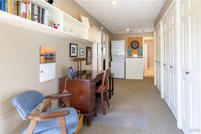 2516 W Lake Rd, Skaneateles, NY 13152 - office area featuring estacked washer and dryer, carpet, recessed lighting, and a textured ceiling