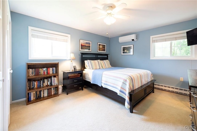 2516 W Lake Rd, Skaneateles, NY 13152 - bedroom featuring a wall mounted air conditioner, a baseboard heating unit, carpet flooring, and a ceiling fan