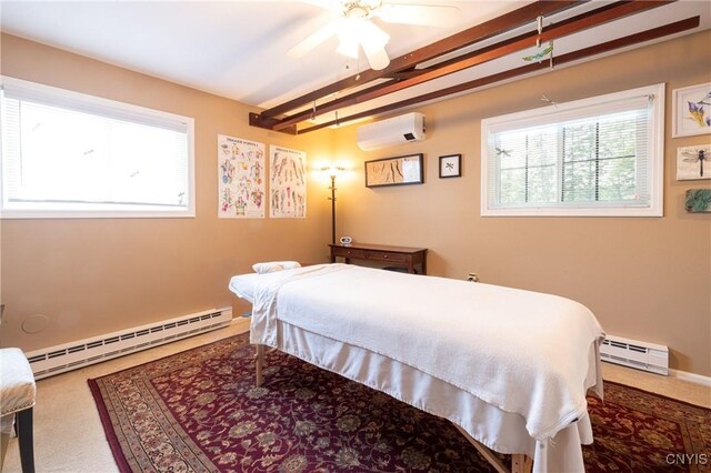2516 W Lake Rd, Skaneateles, NY 13152 - bedroom with a baseboard radiator, a wall mounted air conditioner, beam ceiling, and carpet