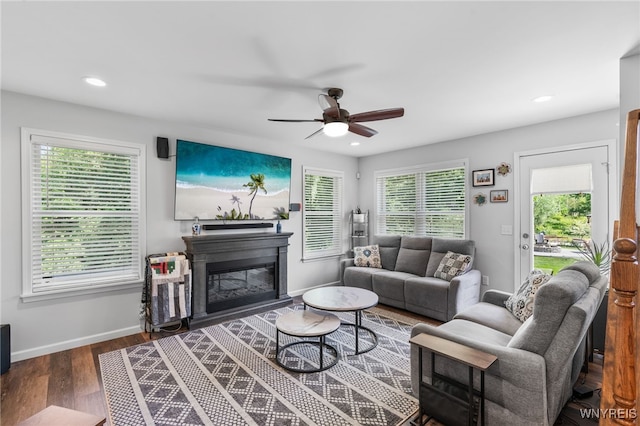 720 N Star Rd, Elma, NY 14052 - living room featuring ceiling fan, a glass covered fireplace, wood finished floors, and recessed lighting