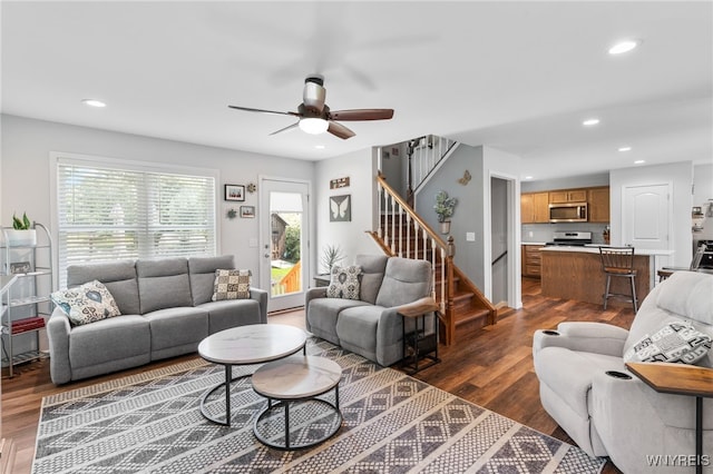 720 N Star Rd, Elma, NY 14052 - living room with stairway, recessed lighting, dark wood-style floors, and a ceiling fan