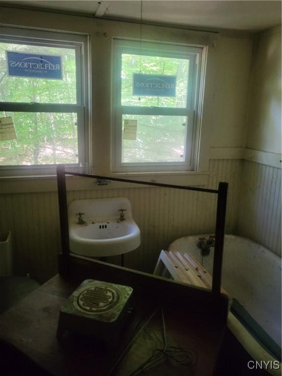 182 Seneca Rd, Webb, NY 13420 - bathroom with wainscoting and a freestanding bath