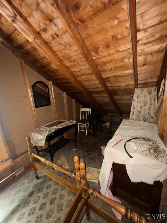 182 Seneca Rd, Webb, NY 13420 - bedroom featuring vaulted ceiling and wooden ceiling