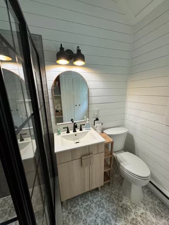 1737 Tupper Hill Rd, Franklin, NY 13775 - bathroom with vanity, wooden walls, and tile patterned flooring