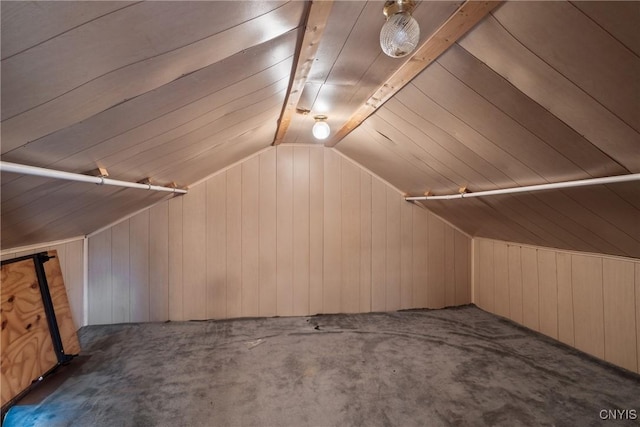 388 Sutton Rd, Schroeppel, NY 13132 - additional living space featuring wooden walls, lofted ceiling, and carpet