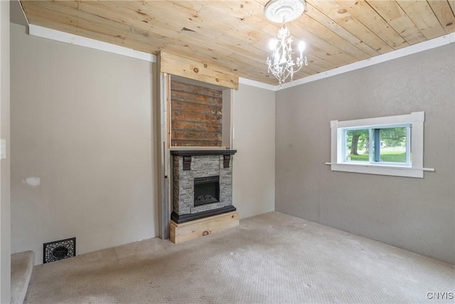 388 Sutton Rd, Schroeppel, NY 13132 - unfurnished living room featuring wooden ceiling, carpet flooring, a fireplace, and a chandelier