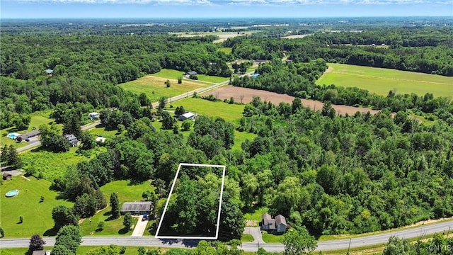 388 Sutton Rd, Schroeppel, NY 13132 - aerial view of property and surrounding area with property parcel outlined and a heavily wooded area