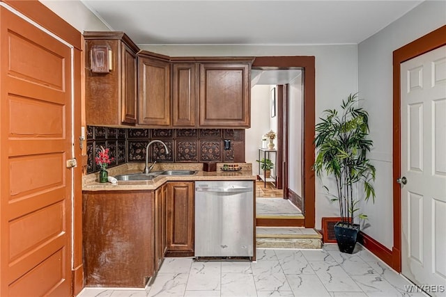 143 Reo Ave, Cheektowaga, NY 14211 - kitchen with stainless steel dishwasher, light marble finish flooring, brown cabinets, and backsplash