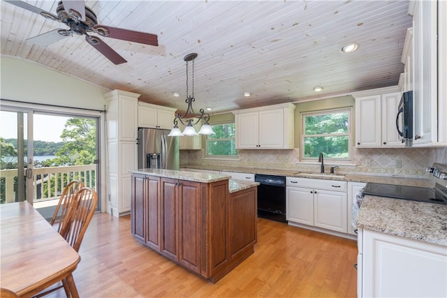 5343 Cedarwood Ln, Conesus, NY 14435 - kitchen featuring black appliances, wooden ceiling, light wood-style flooring, white cabinets, and recessed lighting