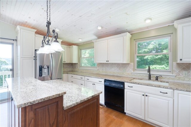 5343 Cedarwood Ln, Conesus, NY 14435 - kitchen featuring black dishwasher, stainless steel fridge, wood ceiling, white cabinets, and a kitchen island