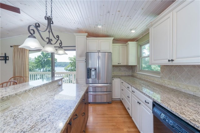 5343 Cedarwood Ln, Conesus, NY 14435 - kitchen featuring stainless steel refrigerator with ice dispenser, black dishwasher, wooden ceiling, white cabinets, and pendant lighting