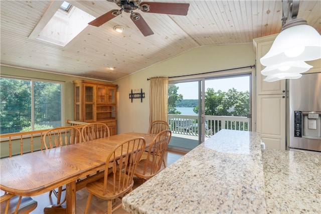 5343 Cedarwood Ln, Conesus, NY 14435 - dining space featuring plenty of natural light, wood ceiling, a ceiling fan, lofted ceiling, and a skylight