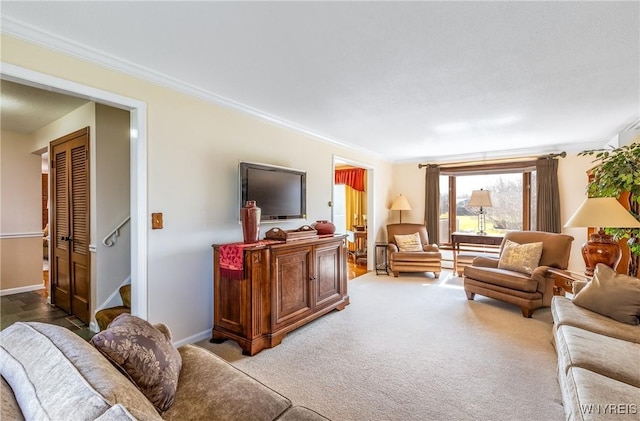 288 W Maplemere Rd, Amherst, NY 14221 - living room with crown molding, stairway, and carpet floors
