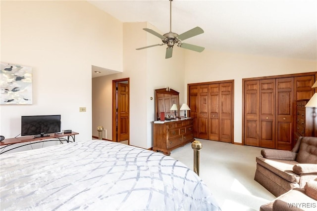 288 W Maplemere Rd, Amherst, NY 14221 - bedroom with light carpet, multiple closets, a ceiling fan, and high vaulted ceiling