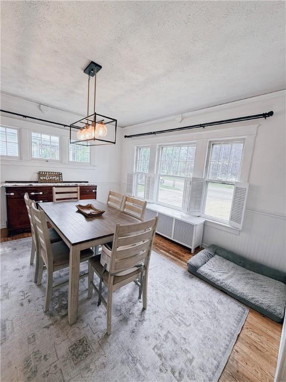 459 W Water St, Elmira City, NY 14905 - dining area with a textured ceiling, a chandelier, radiator heating unit, and healthy amount of natural light