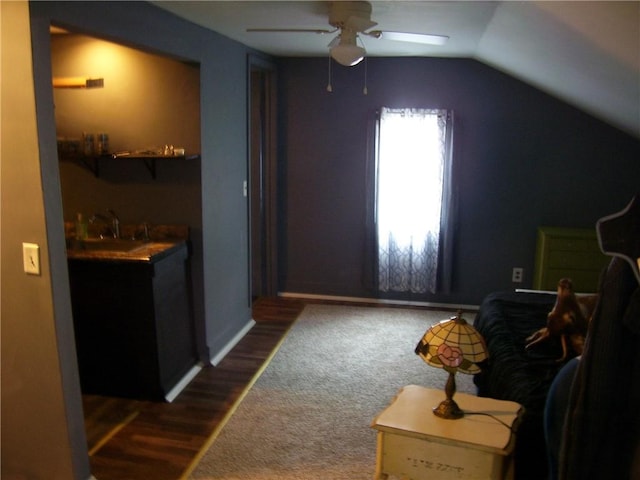 30 Mitchell St, Norwich, NY 13815 - sitting room with ceiling fan, wet bar, vaulted ceiling, and carpet flooring