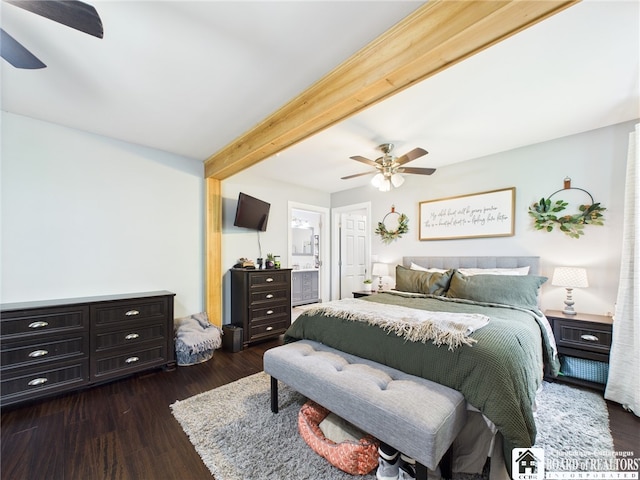 709 Main St, Olean, NY 14760 - bedroom with dark wood-style floors, beam ceiling, a ceiling fan, and connected bathroom