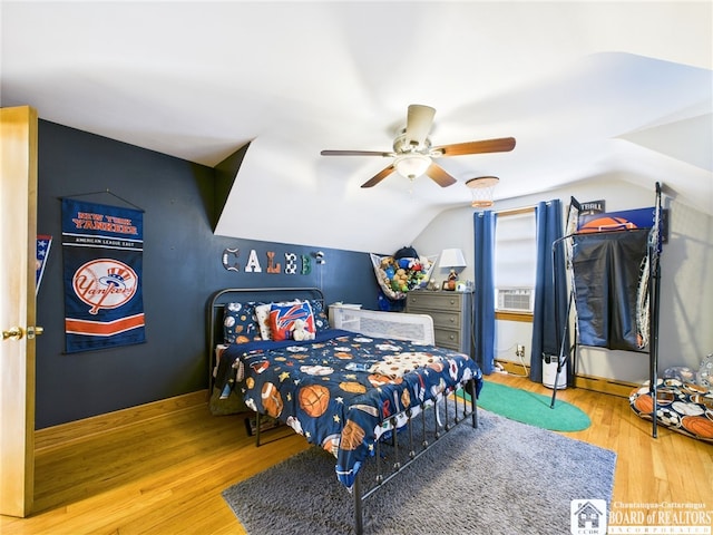 709 Main St, Olean, NY 14760 - bedroom featuring wood finished floors, lofted ceiling, and a ceiling fan