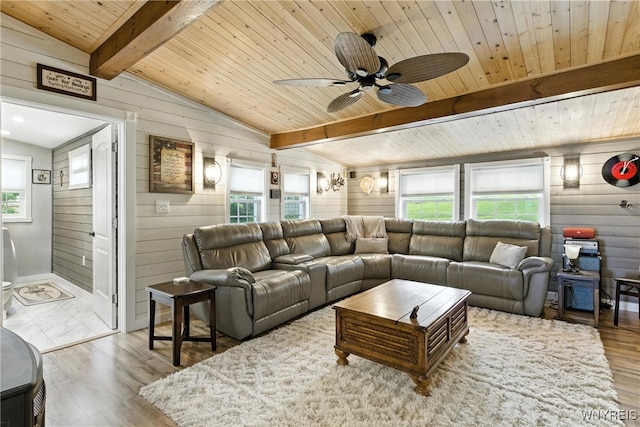 11583 Gowanda State Rd, North Collins, NY 14111 - living area with wooden ceiling, wood walls, wood finished floors, and ceiling fan