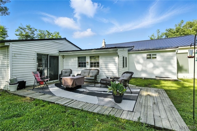 11583 Gowanda State Rd, North Collins, NY 14111 - rear view of property with a wooden deck, an outdoor hangout area, a lawn, a metal roof, and a chimney