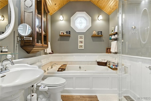 11583 Gowanda State Rd, North Collins, NY 14111 - bathroom with wood ceiling, a whirlpool tub, vaulted ceiling, a wainscoted wall, and a shower stall
