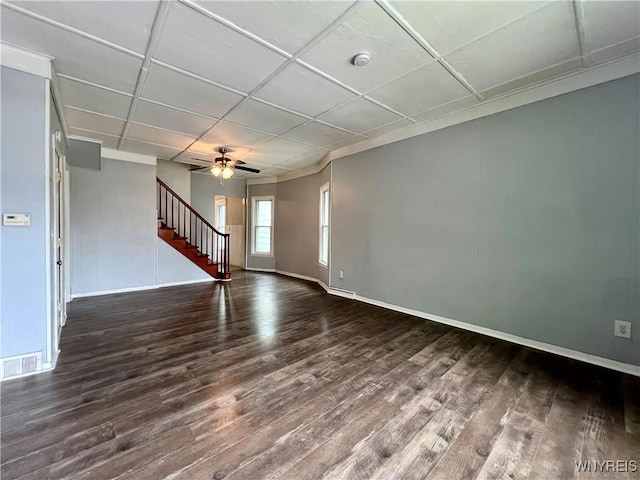 288 Abbott Rd, Buffalo, NY 14220 - unfurnished living room featuring dark wood finished floors, stairs, and ceiling fan