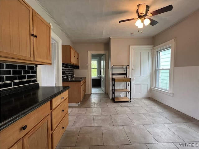 288 Abbott Rd, Buffalo, NY 14220 - kitchen with dark countertops, ceiling fan, decorative backsplash, and crown molding