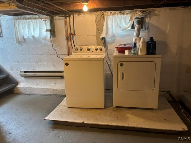 1046 Ammon Rd, Lewis, NY 13489 - laundry room featuring washing machine and dryer and a baseboard heating unit
