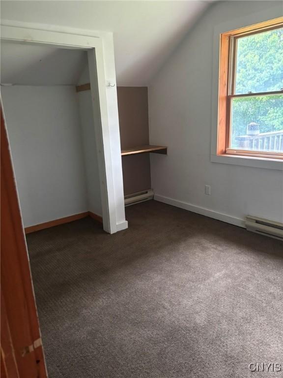 1046 Ammon Rd, Lewis, NY 13489 - additional living space with lofted ceiling, dark colored carpet, and a baseboard heating unit