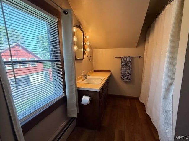 1046 Ammon Rd, Lewis, NY 13489 - bathroom with wood finished floors, vaulted ceiling, and vanity