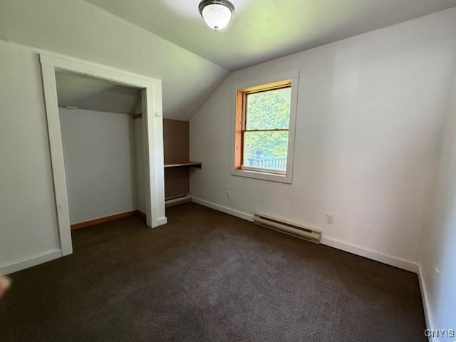 1046 Ammon Rd, Lewis, NY 13489 - additional living space featuring baseboard heating, vaulted ceiling, and dark carpet