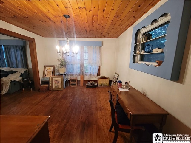 421 Falconer St, Jamestown, NY 14701 - dining area with dark wood-type flooring, a chandelier, wood ceiling, and an office area