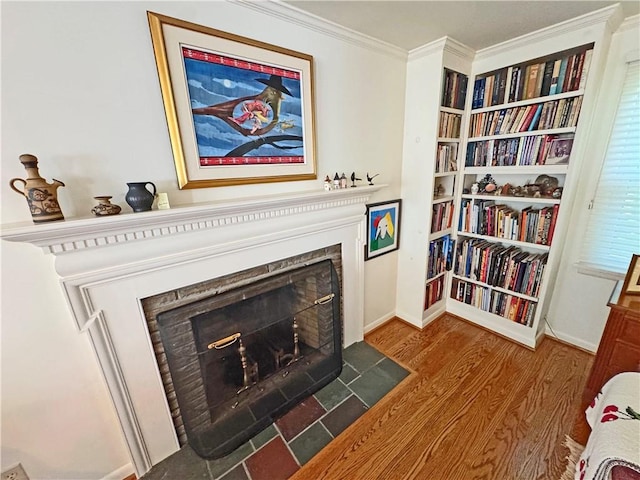 10 Danbury Cir N, Brighton, NY 14618 - detailed view of a fireplace with flush hearth, wood finished floors, and crown molding