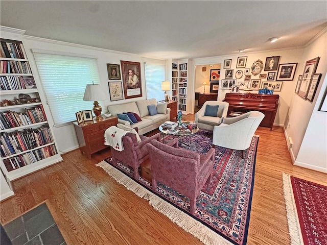 10 Danbury Cir N, Brighton, NY 14618 - living area featuring built in features, wood finished floors, and crown molding
