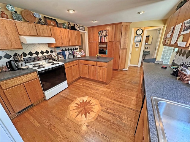 10 Danbury Cir N, Brighton, NY 14618 - kitchen with white range with electric cooktop, under cabinet range hood, dark countertops, decorative backsplash, and light wood-style flooring