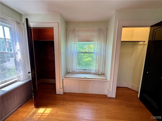 633 Pleasant St, Utica, NY 13501 - unfurnished bedroom with light wood-type flooring, multiple windows, radiator heating unit, and a walk in closet