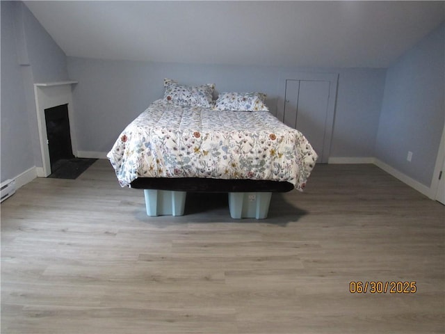 4 Geneva St, Lyons, NY 14489 - bedroom with wood finished floors, lofted ceiling, and a fireplace with flush hearth