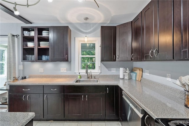 230 Thieme Pl, Utica, NY 13502 - kitchen featuring dishwasher, dark brown cabinets, glass insert cabinets, pendant lighting, and light tile patterned floors