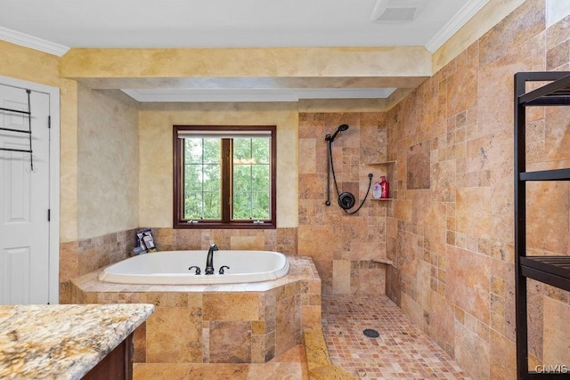 3306 Glen Abbey, Lysander, NY 13135 - bathroom with a garden tub, a tile shower, crown molding, and vanity