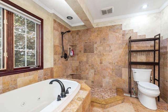 3306 Glen Abbey, Lysander, NY 13135 - bathroom featuring a whirlpool tub, ornamental molding, tiled shower, and tile walls