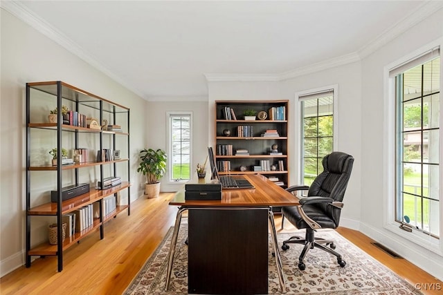 3306 Glen Abbey, Lysander, NY 13135 - office area with plenty of natural light, light wood-style flooring, and crown molding