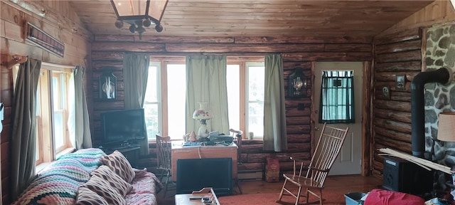 372 Windsong Rd, Harpersfield, NY 13786 - sitting room featuring vaulted ceiling, wood ceiling, baseboard heating, and log walls