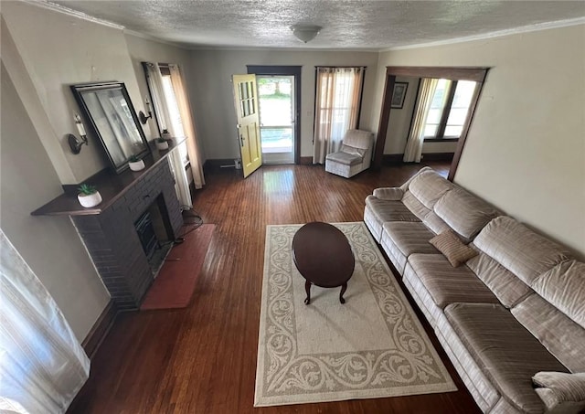 914 Magee St, Elmira City, NY 14901 - living area featuring a textured ceiling, dark wood finished floors, a brick fireplace, and crown molding